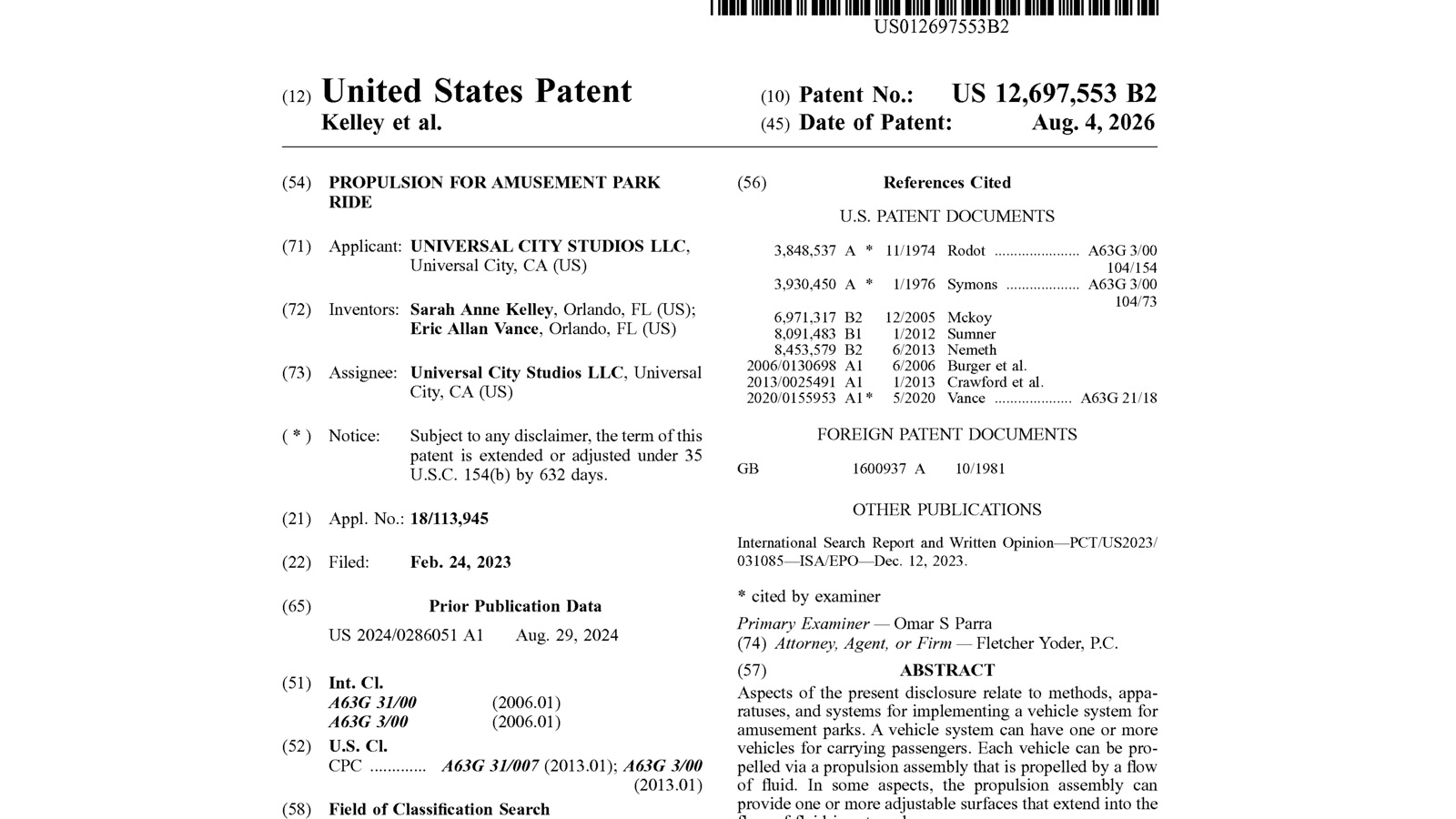 Cover of Universal City Studios' U.S. patent for propulsion for an amusement park ride