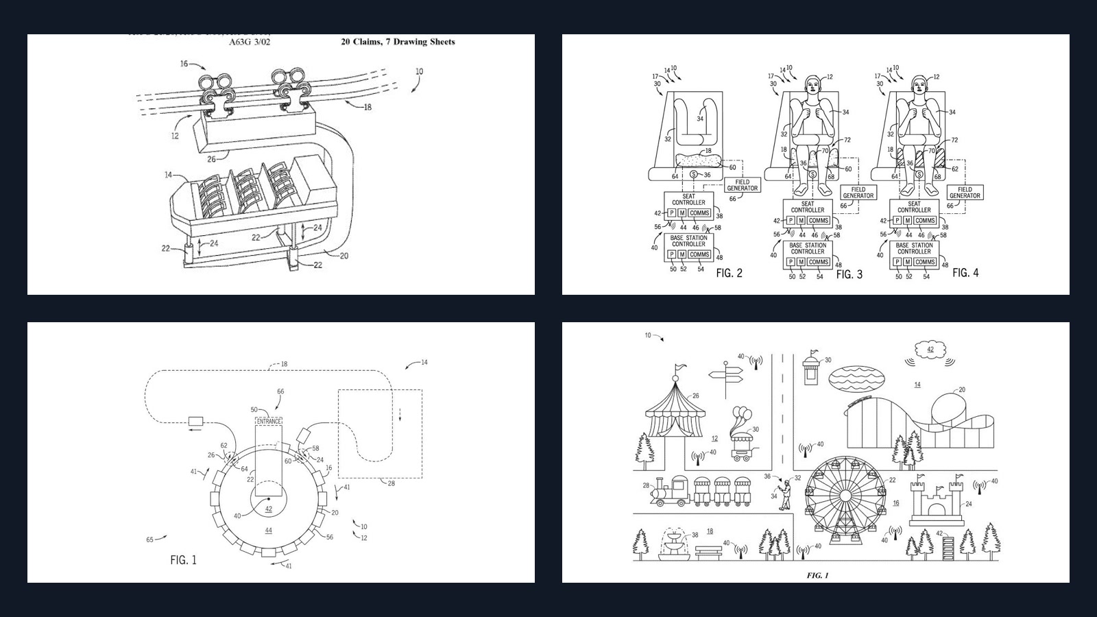 Four patent drawings for Universal ride and guide systems