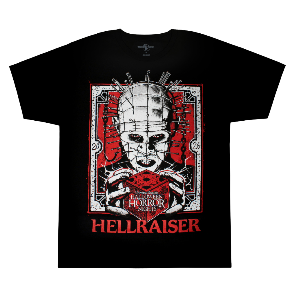 Halloween Horror Nights 2026 Hellraiser T-shirt with Pinhead and puzzle box artwork