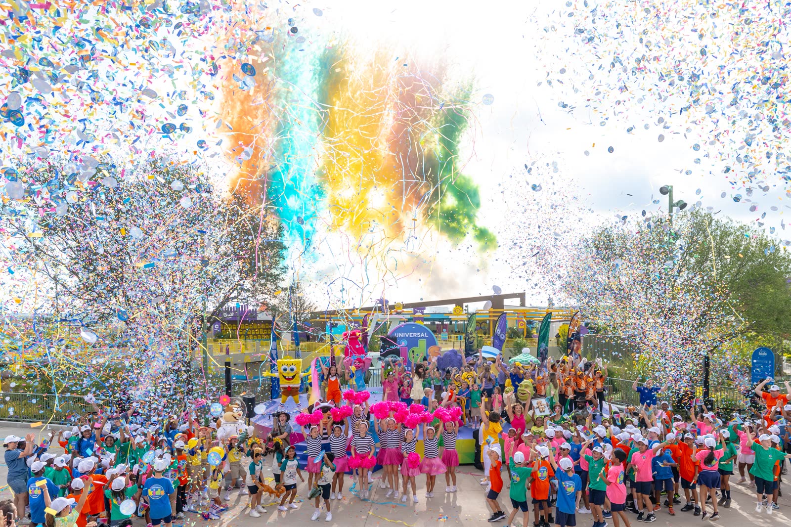 Confetti fills the air at Universal Kids Resort on opening day in Frisco