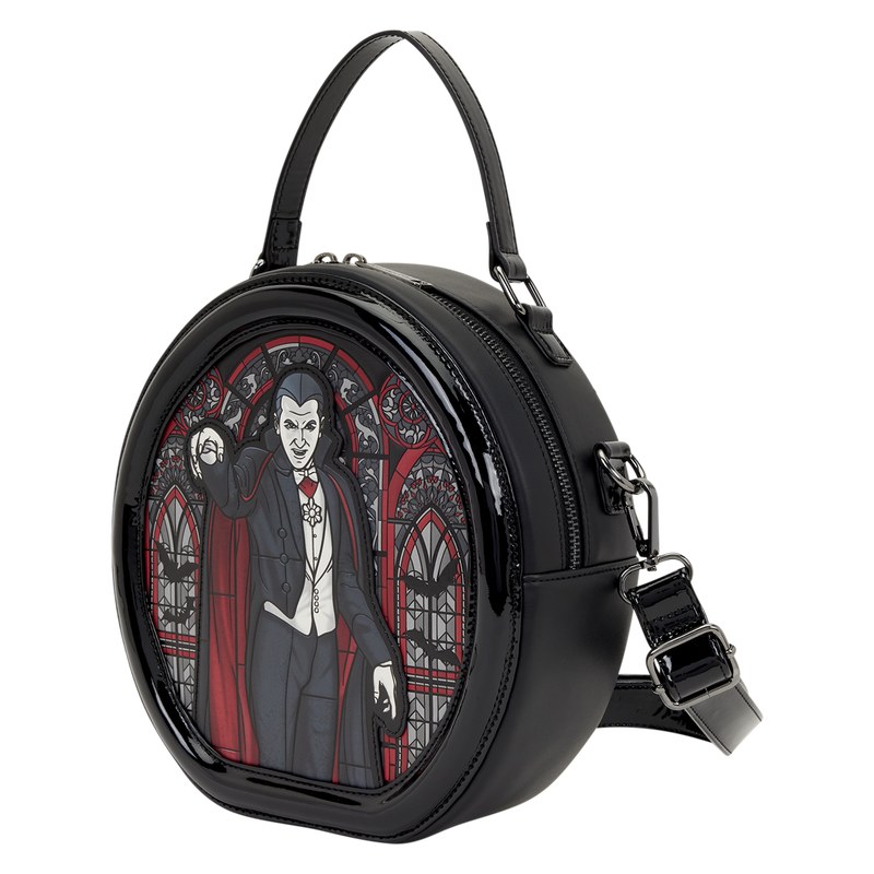 Side profile of the round Dracula and Frankenstein crossbody