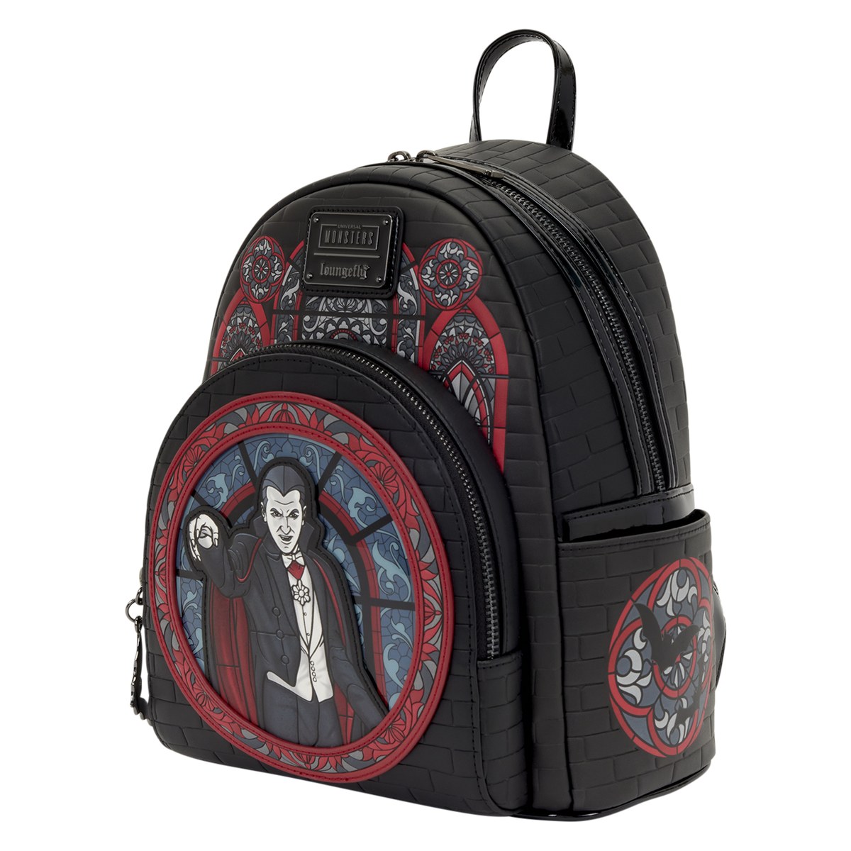 Side view of the Dracula stained-glass mini backpack