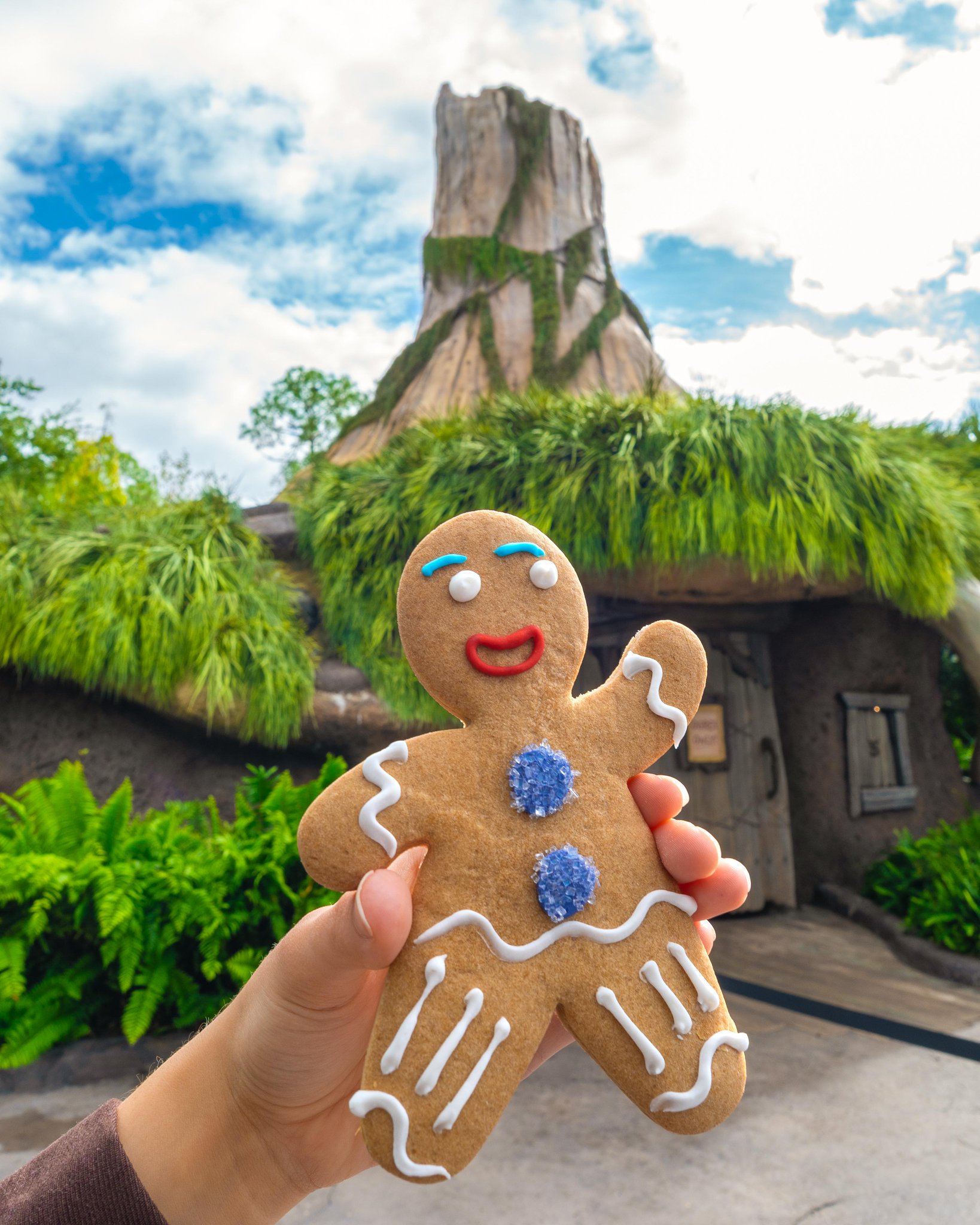 Gingerbread cookie held in front of Krakatau at Universal Volcano Bay