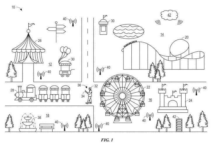 Patent drawing of an audio guide identifying landmarks around a destination