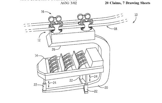 Patent drawing of a passenger vehicle connected to an overhead track support