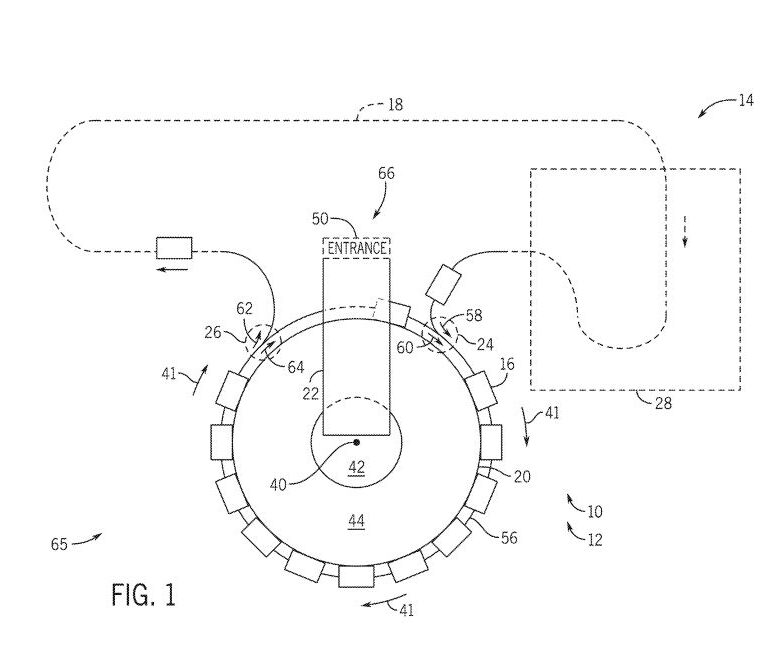 Patent drawing of a circular ride vehicle loading turntable