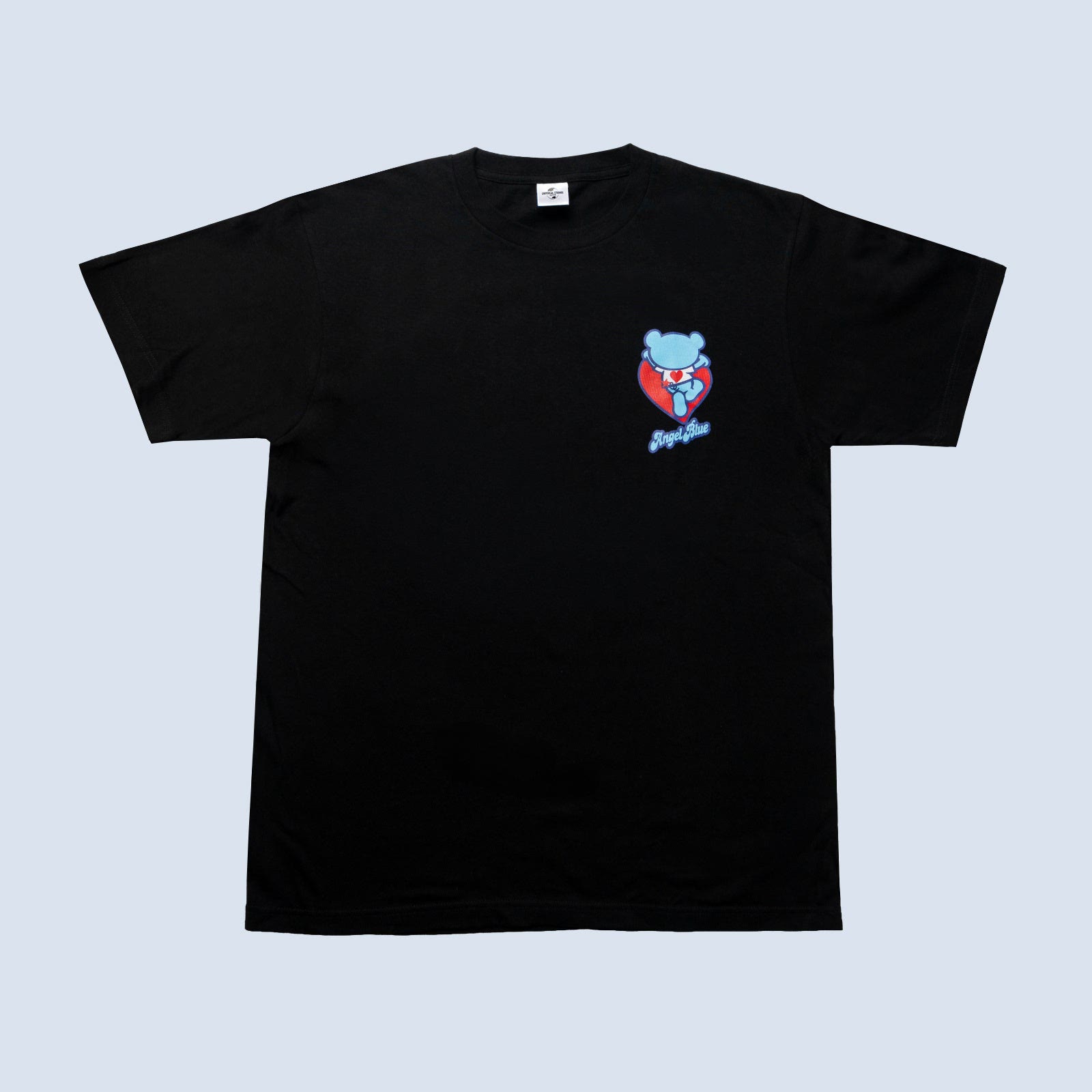 Front of the black Angel Blue LOVE HAS NO LIMIT T-shirt