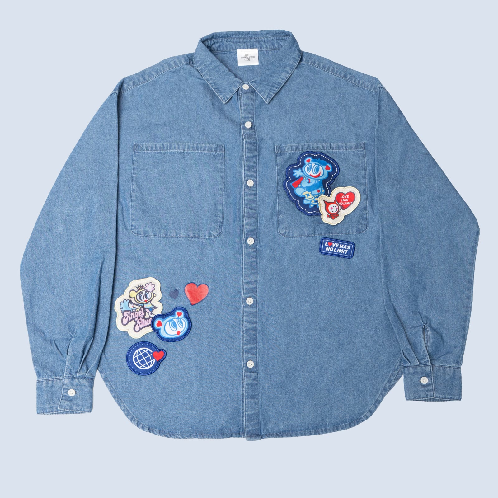 Angel Blue denim shirt with park character artwork