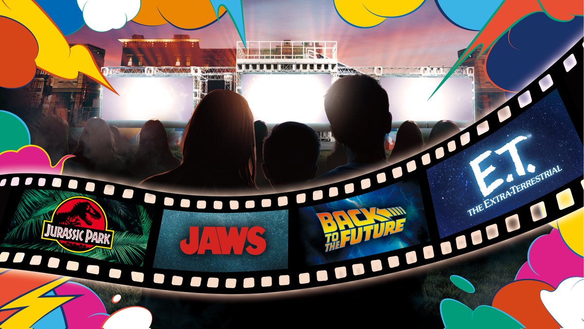Universal Studios Japan Cinema Night Picnic artwork with guests watching an outdoor movie at Gramercy Park