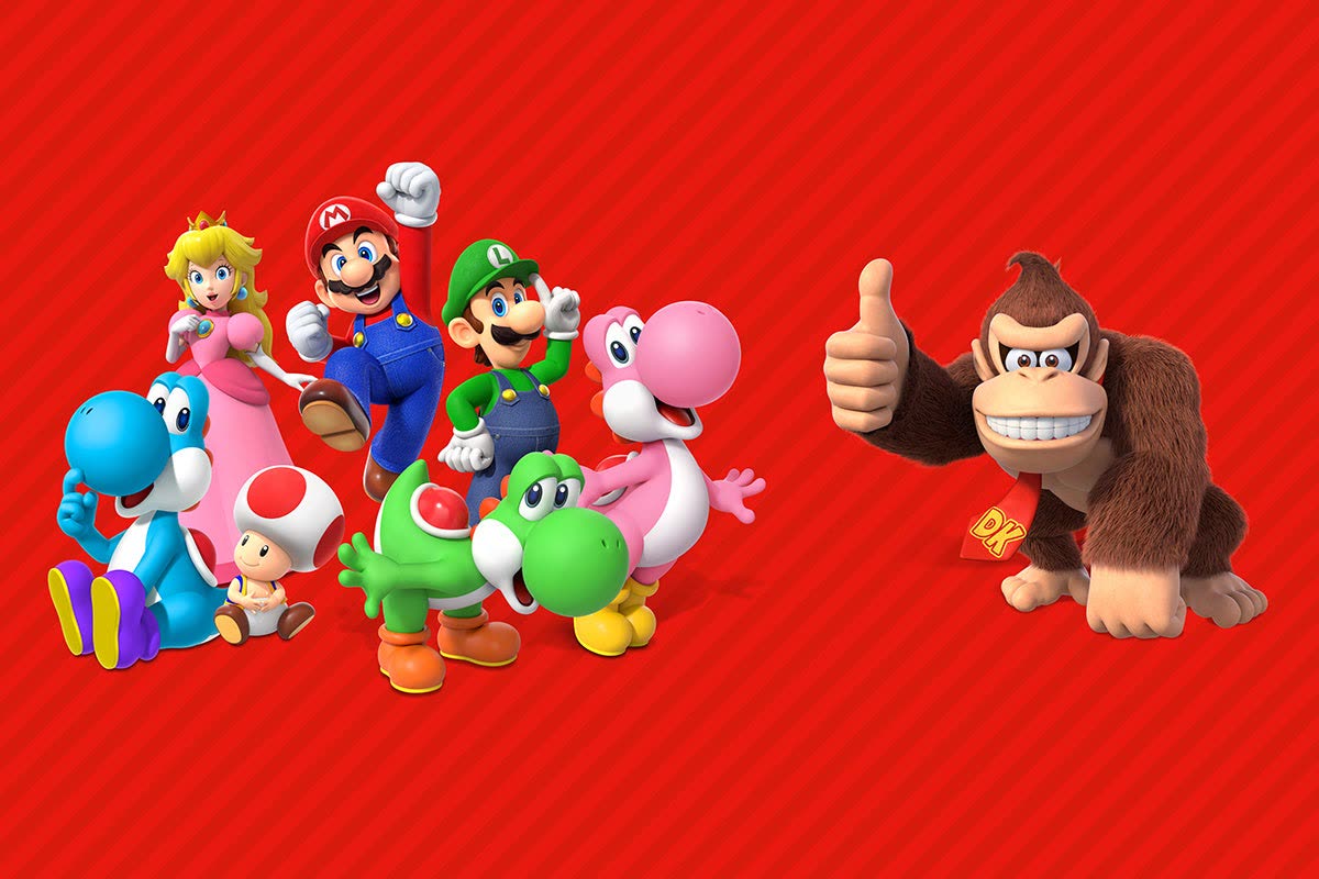 Super Nintendo World 5th anniversary character art with Mario Luigi Peach Toad Yoshi and Donkey Kong
