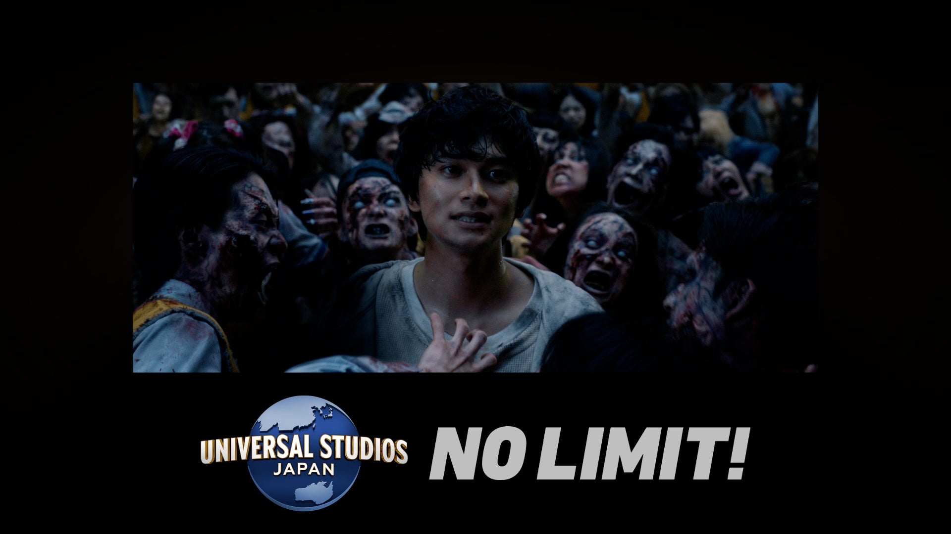 Takumi Kitamura surrounded by zombies in the Universal Studios Japan Halloween Horror Nights commercial