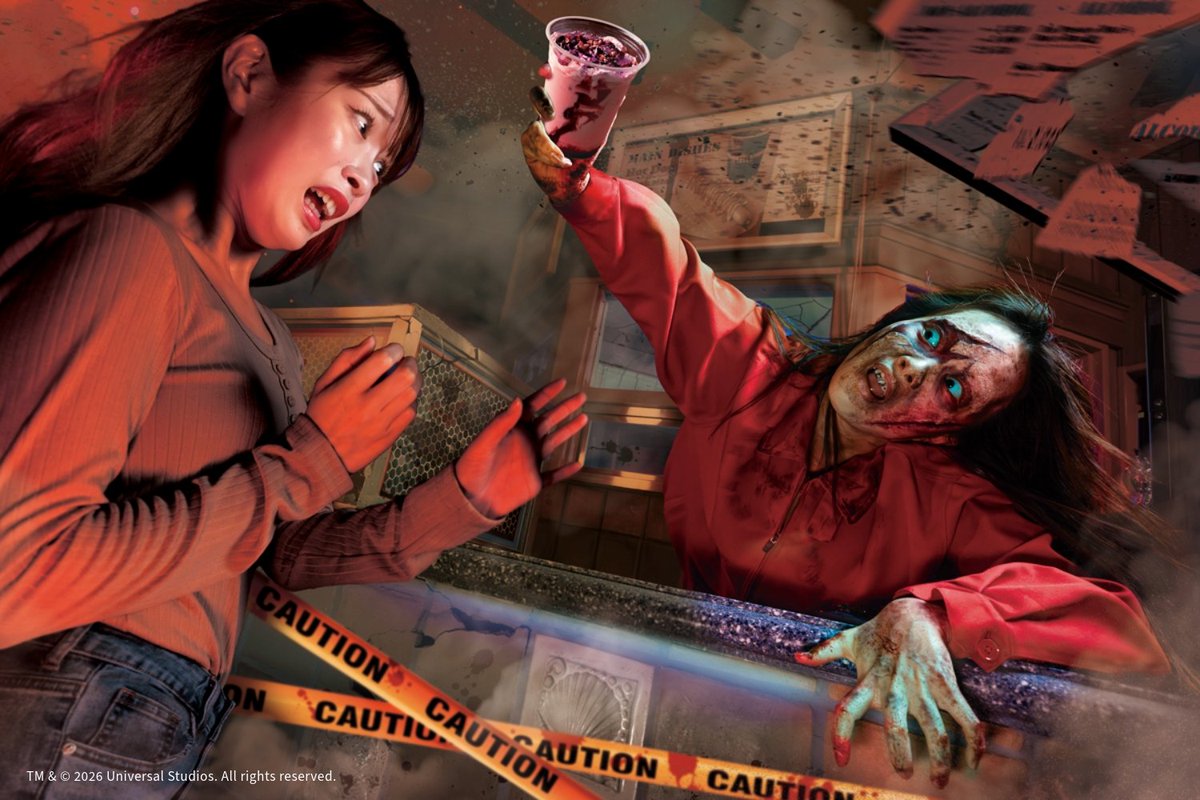 A zombie-themed drink is served at Universal Studios Japan's Wharf Cafe during Halloween Horror Nights