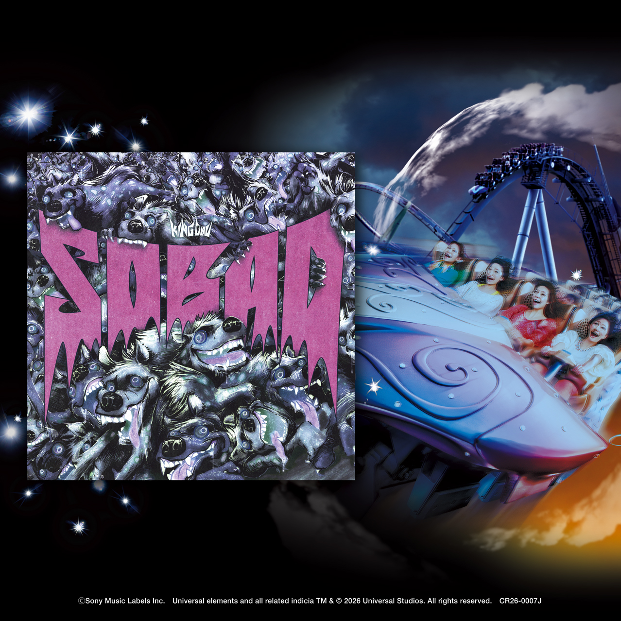 King Gnu SO BAD artwork beside a Hollywood Dream roller coaster train at Universal Studios Japan