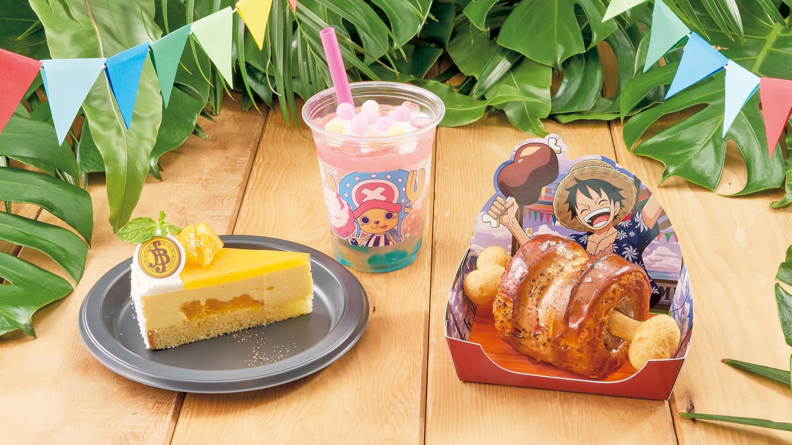 Luffy mousse, Chopper peach drink and Nami mascarpone cheesecake