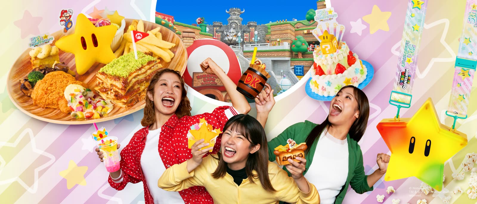 Guests hold food and merchandise in front of Super Nintendo World at Universal Studios Japan