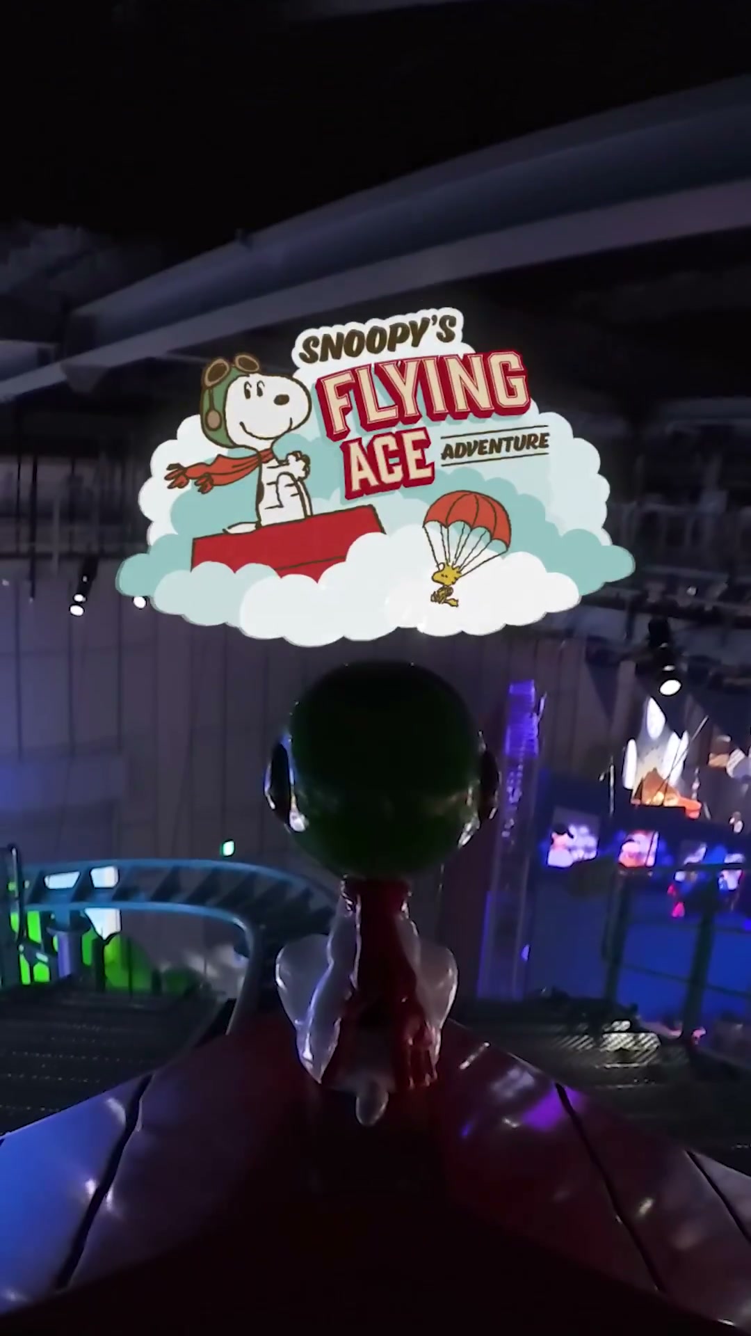 Snoopy's Flying Ace Adventure title over the ride POV at Universal Studios Japan