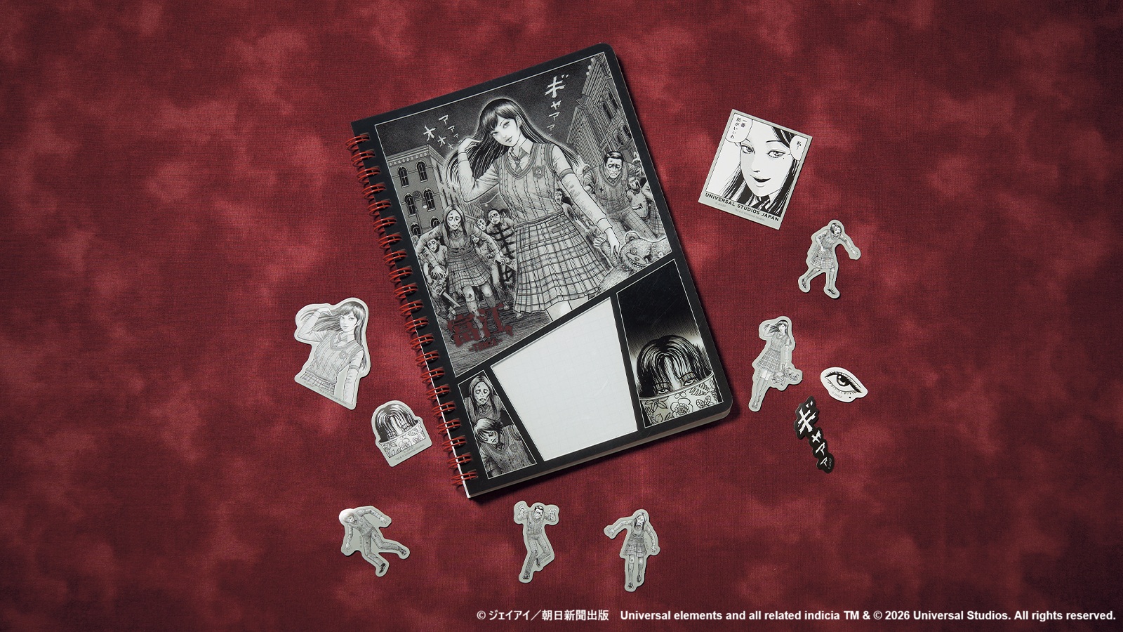 Tomie notebook and character stickers in an official Universal Studios Japan photo