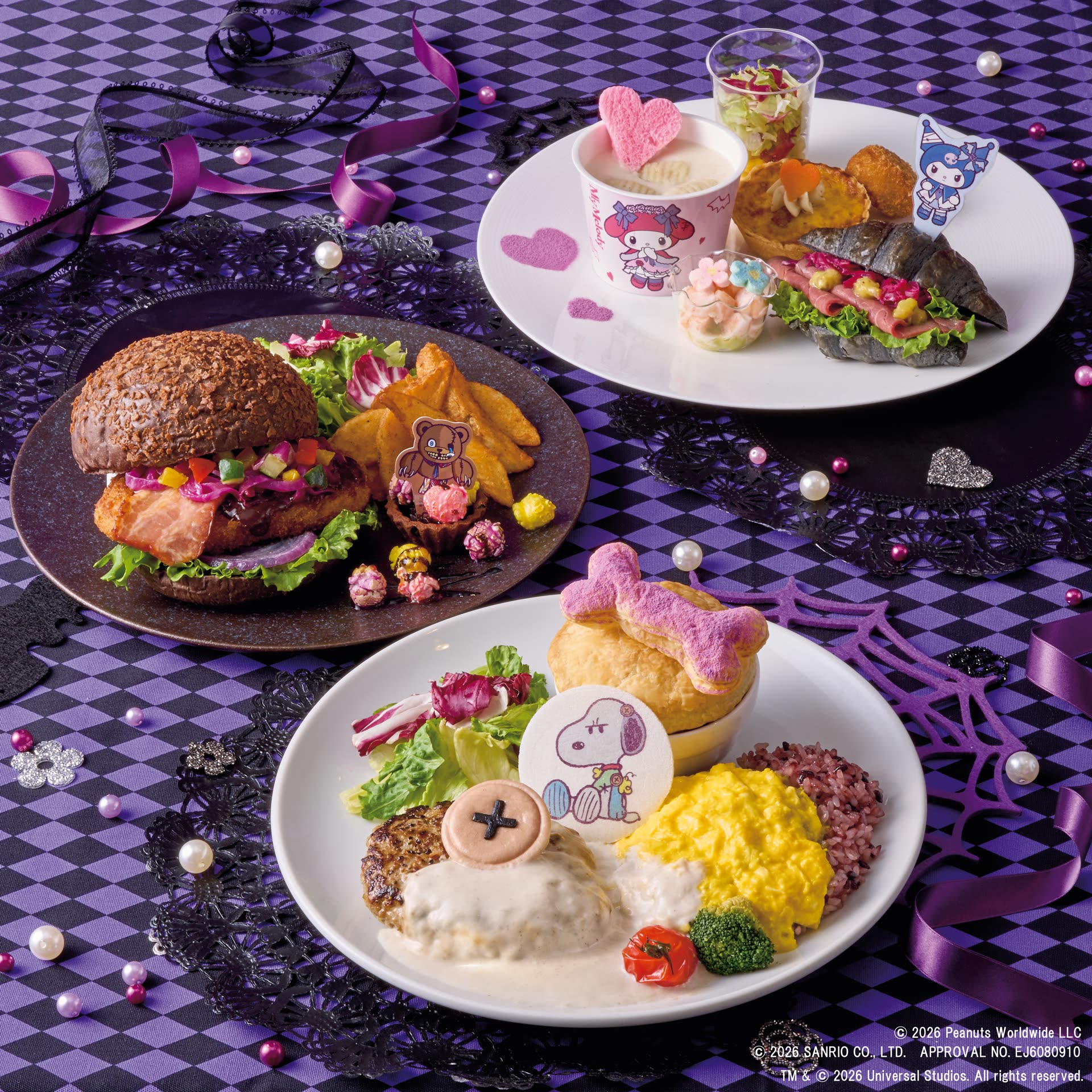 Universal Studios Japan Halloween food spread with HamiKuma and Sanrio character details