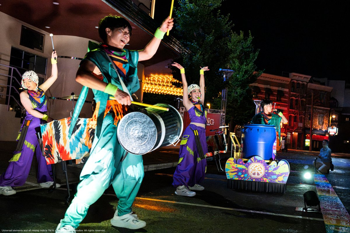 A drummer performs during Summer Beat Splash at Universal Studios Japan