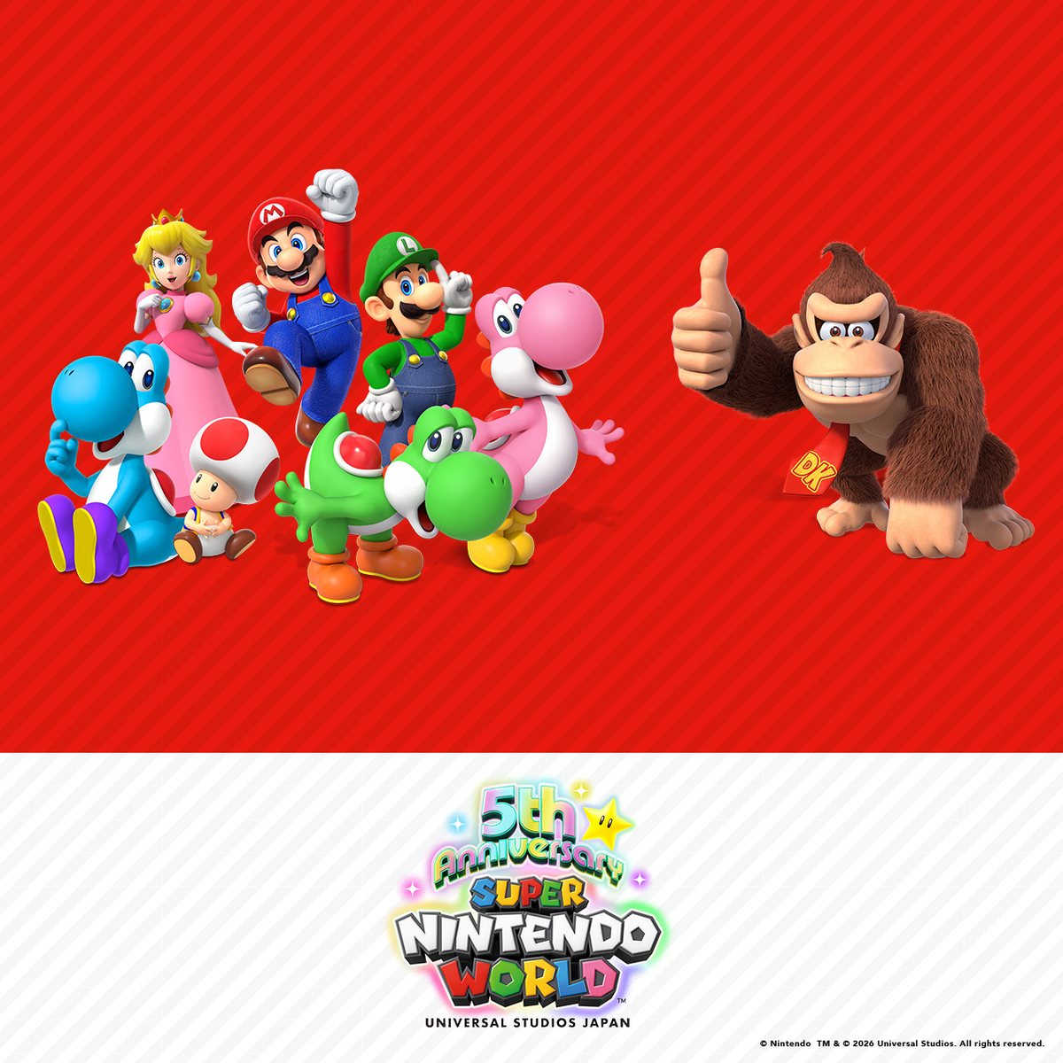 Universal Studios Japan Super Nintendo World 5th anniversary artwork with Mario, Luigi, Yoshi, Donkey Kong, and the anniversary logo