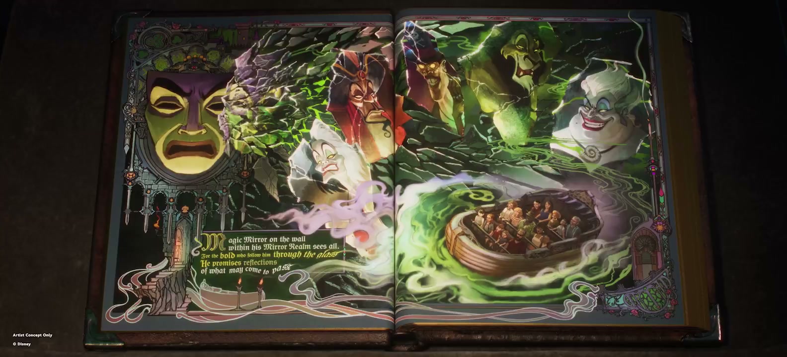 Disney Villains gathered in storybook artwork for Villains Land