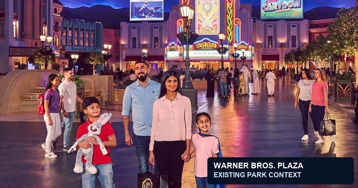 Guests inside Warner Bros. Plaza at Warner Bros. World Abu Dhabi; a park context photo, not the planned Harry Potter lands