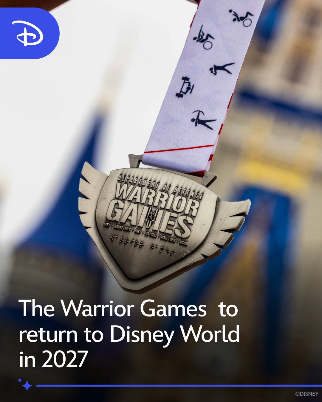 Warrior Games medal with Walt Disney World in the background