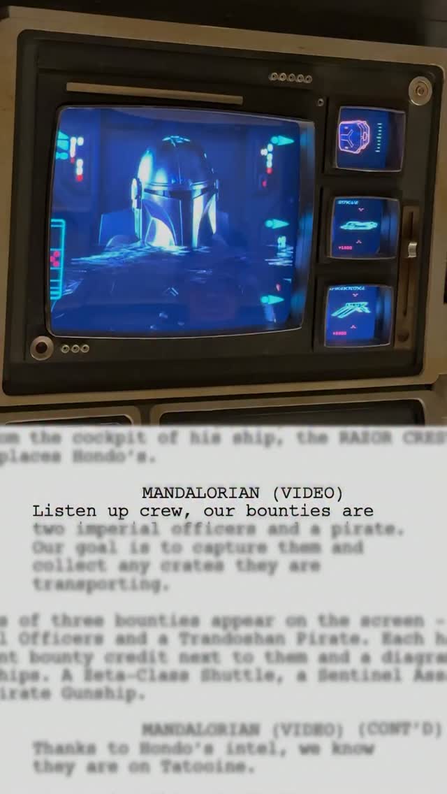 Walt Disney Imagineering Reel still showing the Mandalorian on a cockpit monitor above a Smugglers Run script page