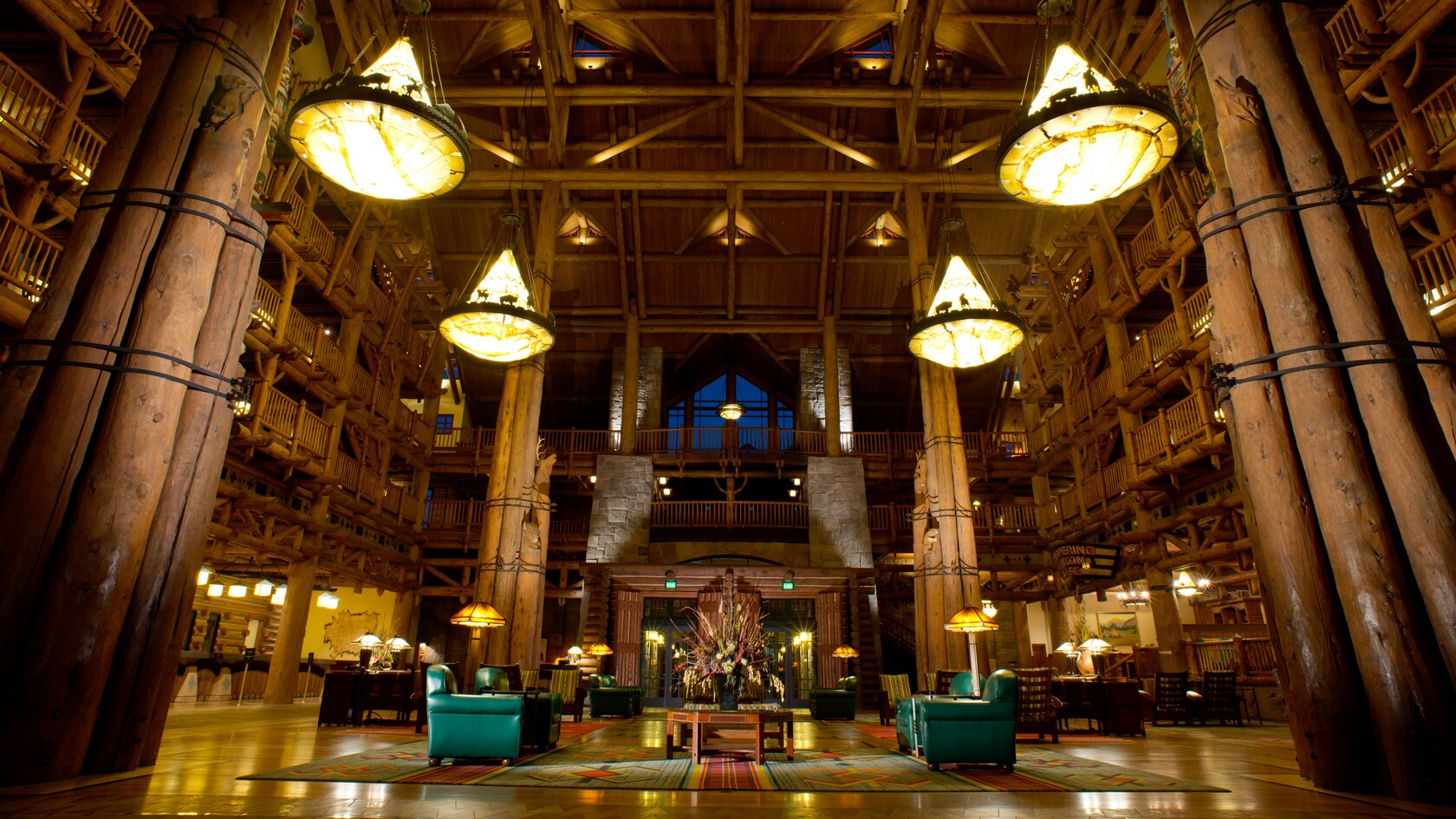 The rustic lobby at Disney's Wilderness Lodge at Walt Disney World