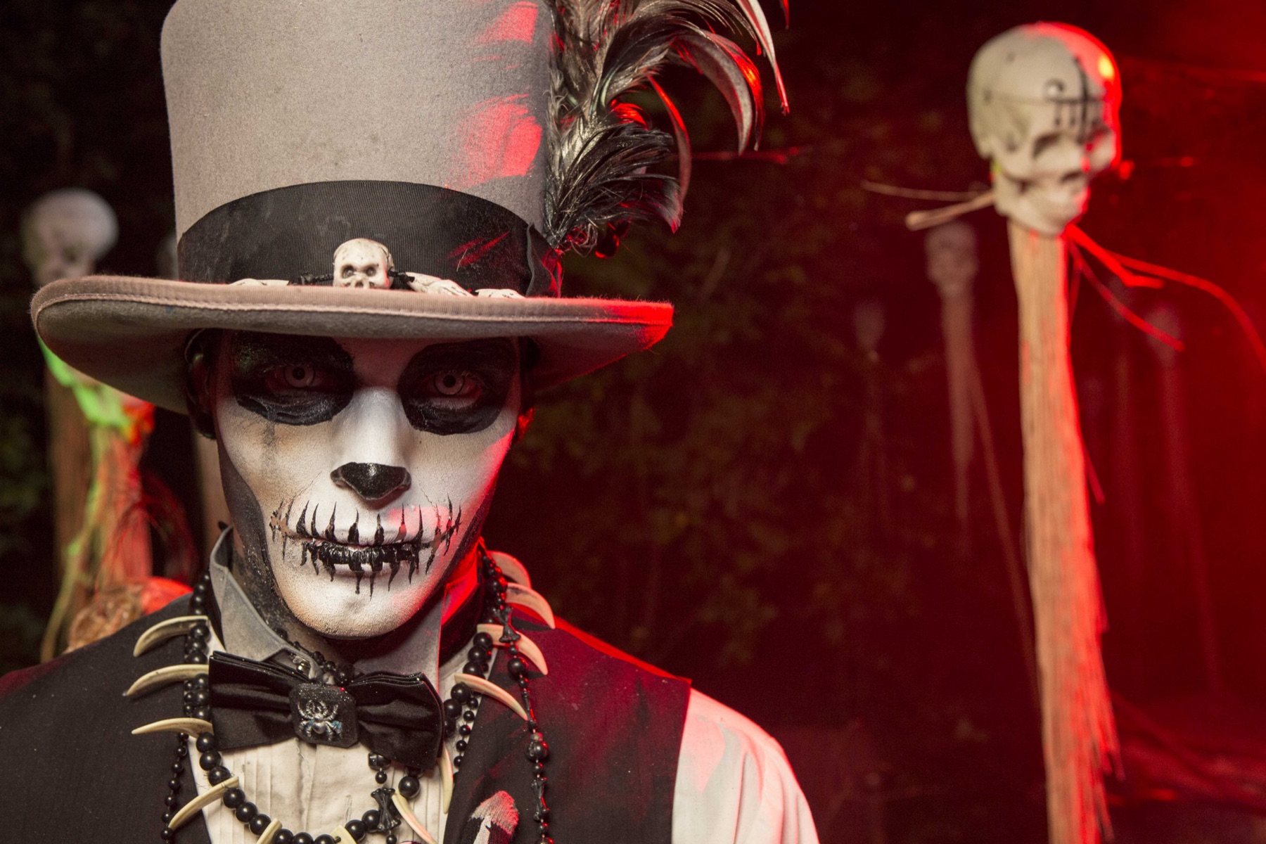 Costumed performer pictured in Worlds of Fun Halloween Haunt imagery
