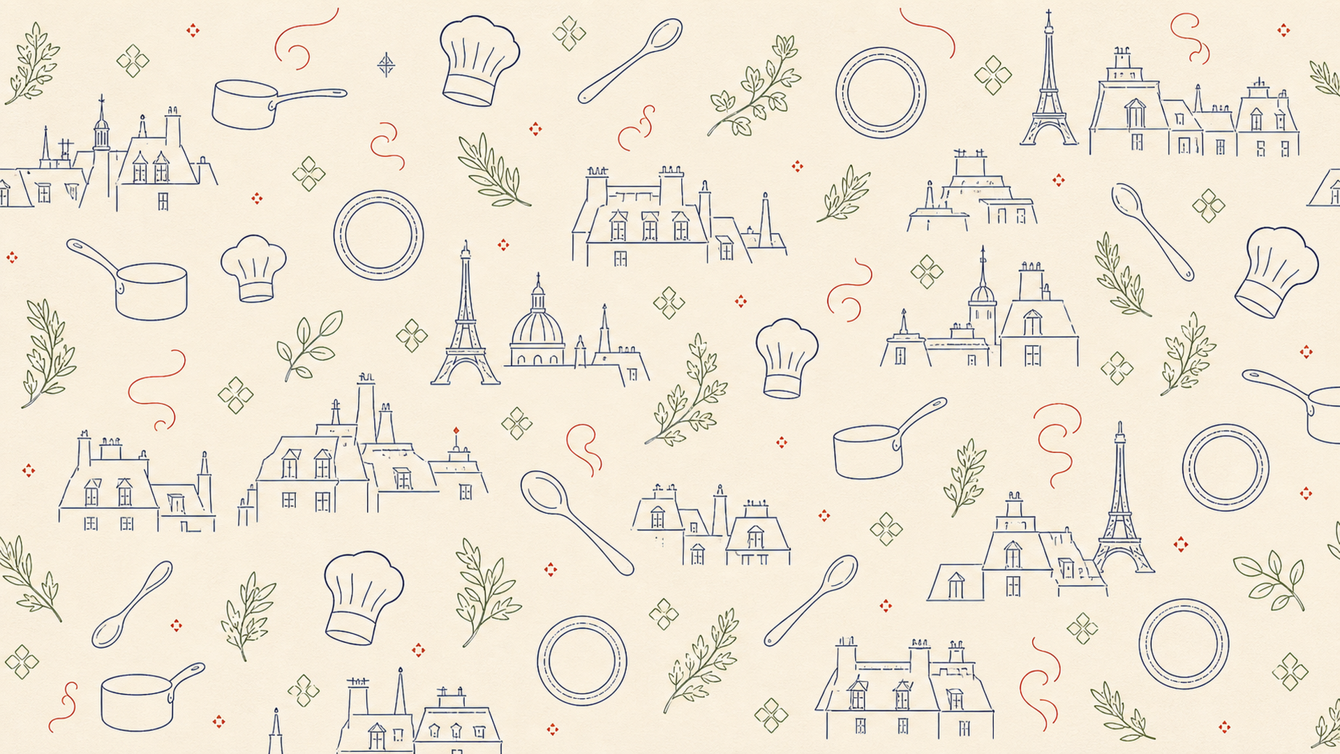 Remy's Ratatouille Adventure patterned artwork with Paris rooftops and kitchen icons