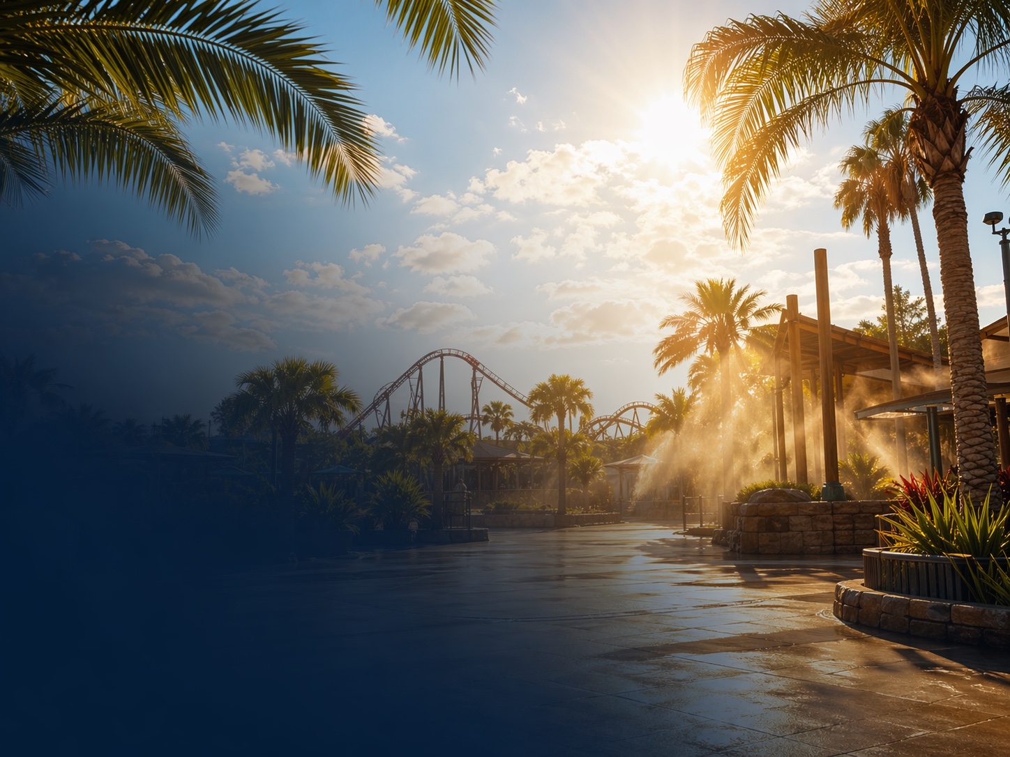 Sunny theme park walkway with palm trees, mist and roller coaster track on a hot day
