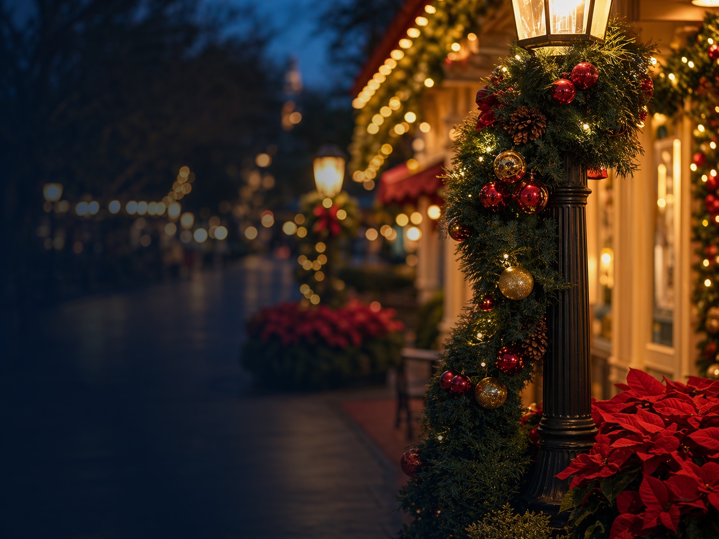 Theme park street decorated with holiday garland, lights and red ornaments at night