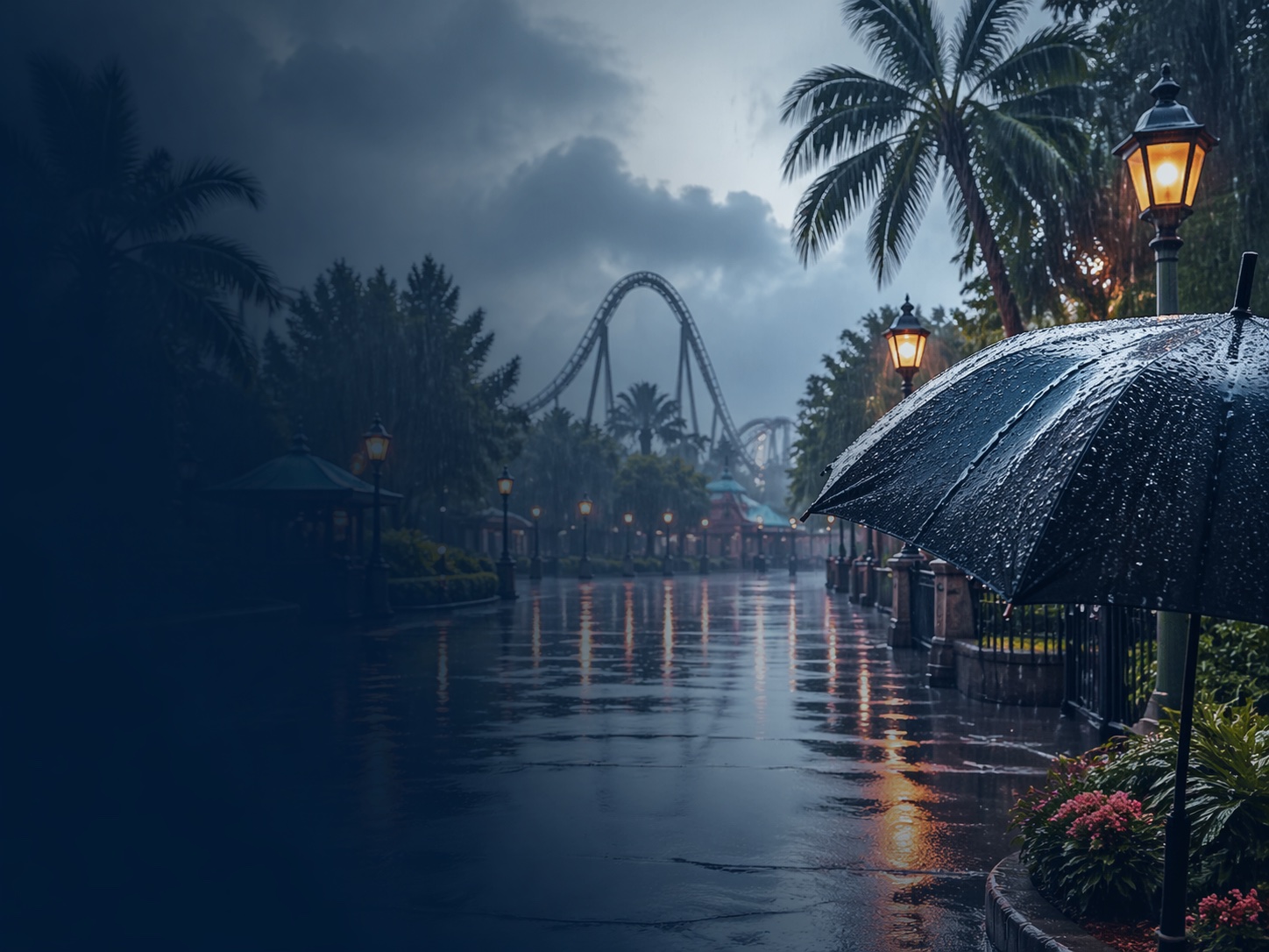 Rainy theme park pathway with umbrellas, wet pavement, palm trees and a roller coaster in the background