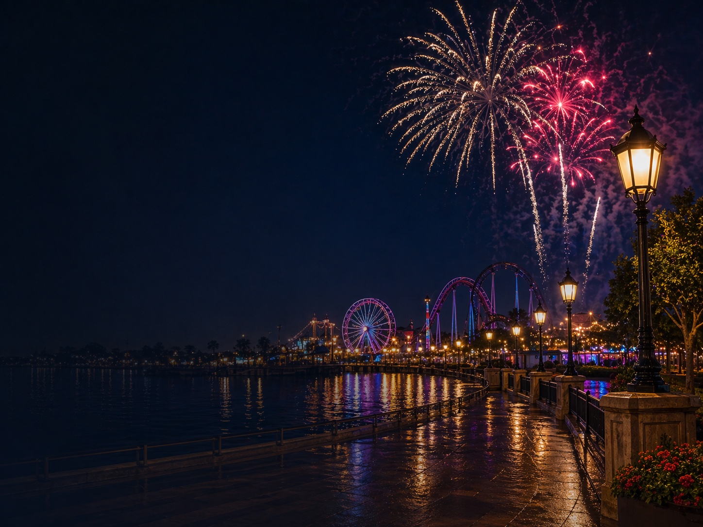 Theme park waterfront at night with fireworks, lamps, coaster silhouettes and event lighting